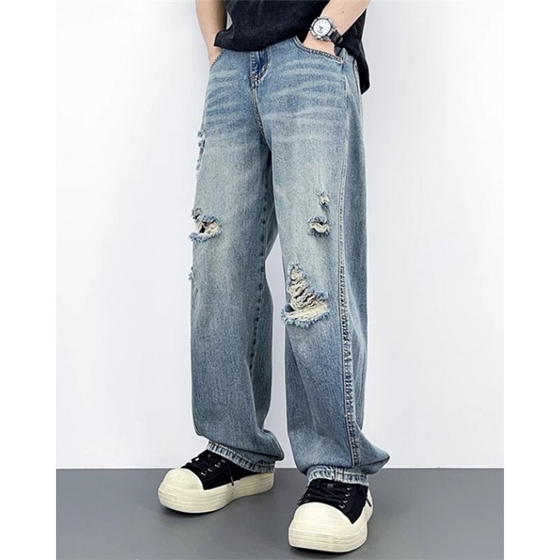 破洞牛仔裤男夏季新款潮牌设计感宽松直筒阔腿休闲长裤子NG400，男装牛仔裤，星座1116A（原606A-3）