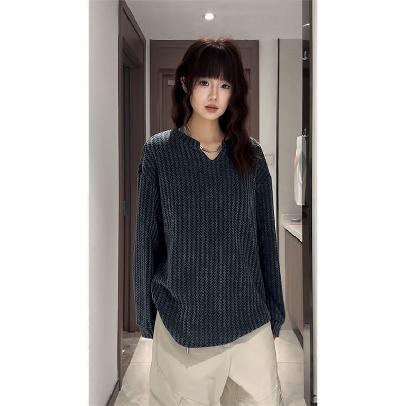 美式高街千鸟格子长袖T恤男女亨利V领英伦雅痞休闲宽松长袖打底衫，男装T恤，电商A443