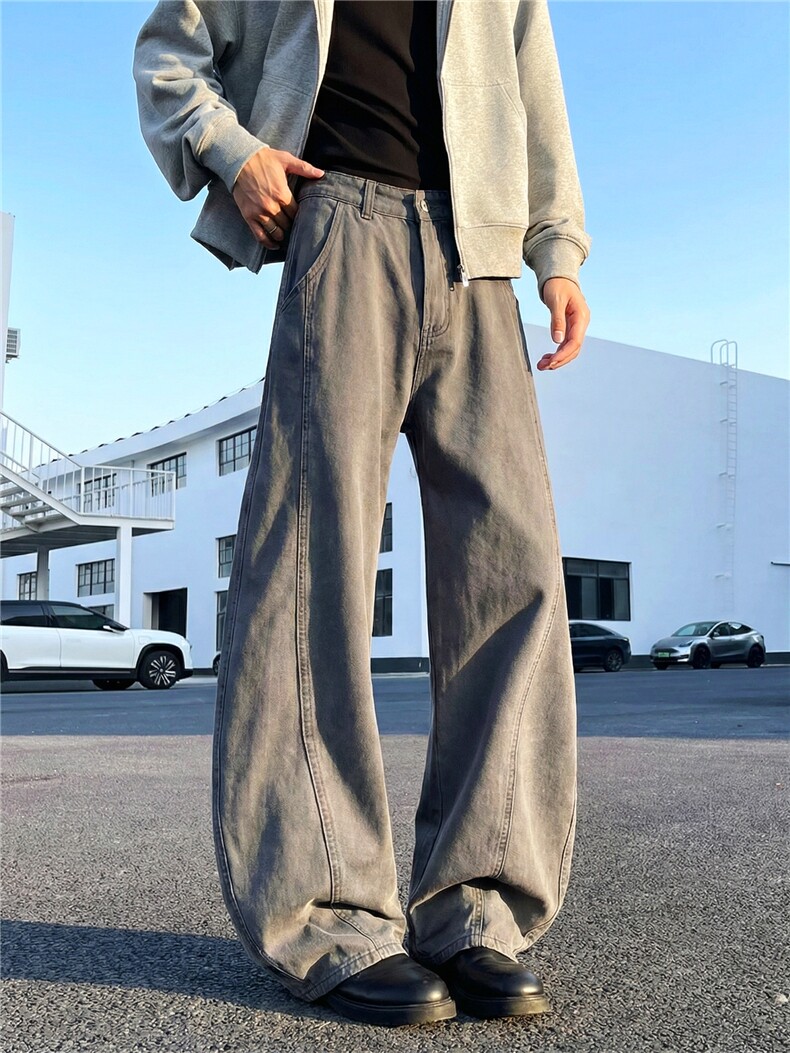 纯棉水洗棉牛仔裤弯刀男春夏新款设计感宽松阔腿拖地退洗棉长裤,男装牛仔裤,星座302A-2