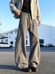纯棉水洗棉牛仔裤弯刀男春夏新款设计感宽松阔腿拖地退洗棉长裤图片