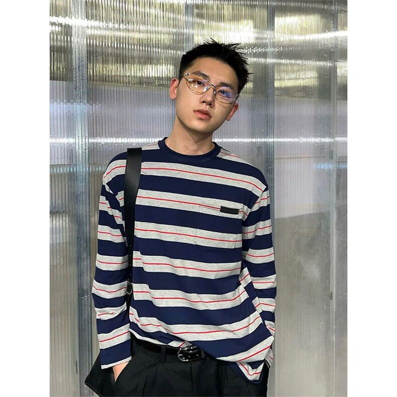 网图有货Miu系穿搭条纹长袖T恤男女字母小标宽松上衣A824-P35，男装T恤，星座1505