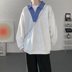 WY10153-特P48控88小众撞色面料拼接格子假两件大码男宽松卫衣，男装卫衣，电商A059