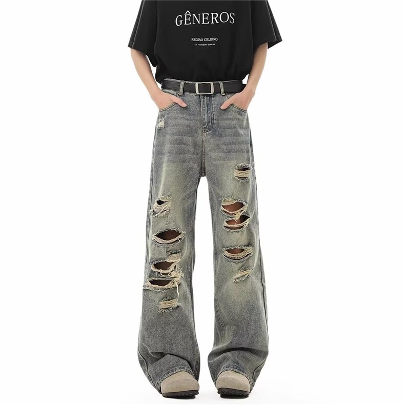 美式复古小众破洞牛仔裤高街设计感潮情侣直筒裤KZ39118--TP40，男装牛仔裤，电商A247C