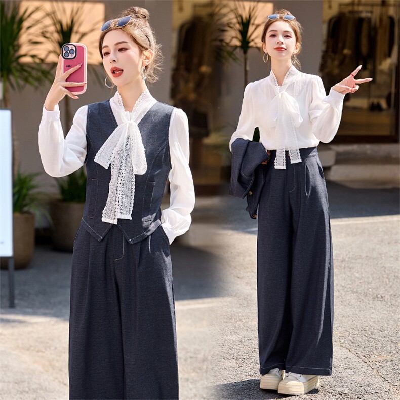 休闲牛仔时尚套装女2025春新款超火韩系穿搭洋气马甲阔腿裤三件套,女装套装/套裙,伊仟回