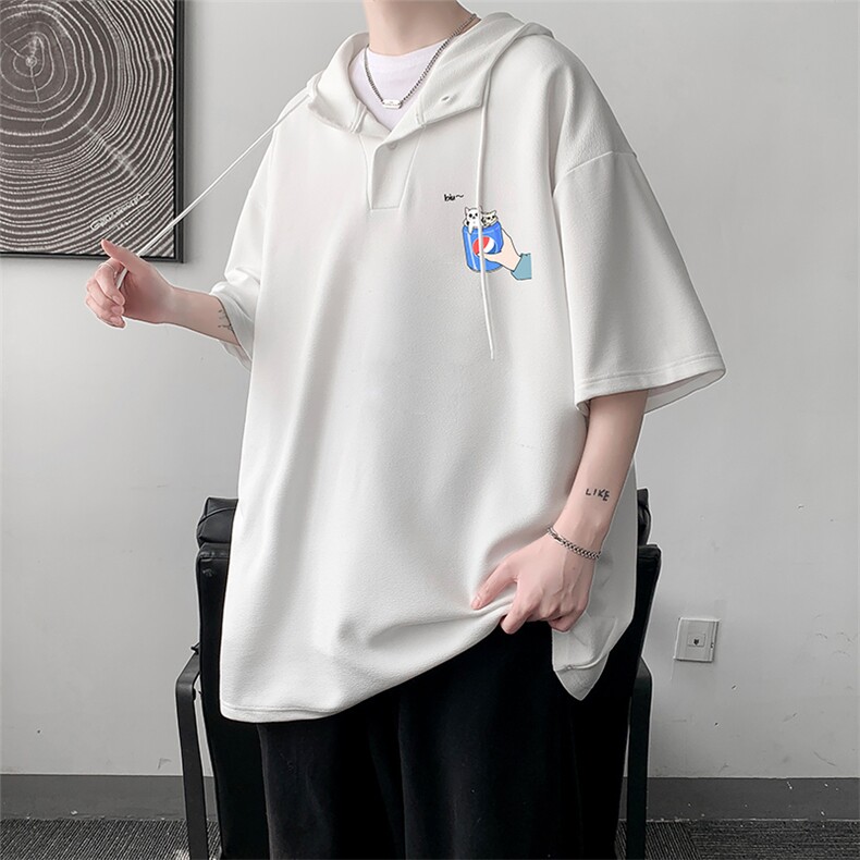 LD54262-P45连帽短袖t恤男大码胖子带帽五分袖中袖大皂风,男装T恤,电商A040