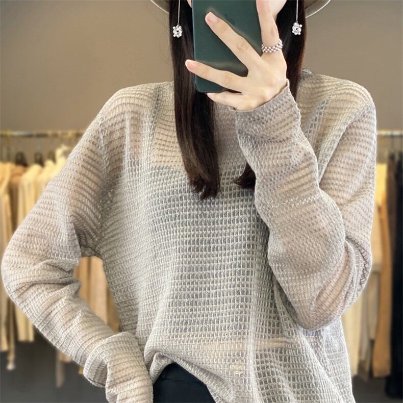 初秋新款宽松慵懒风圆领针织毛衣女微透轻薄长袖T恤宽松休闲上衣,女装羊毛衫,宛庄羊绒