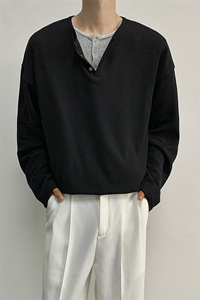 特批-港风25秋装宽松假两件双层领打底衫男士秋季长袖T恤S330-P38图片