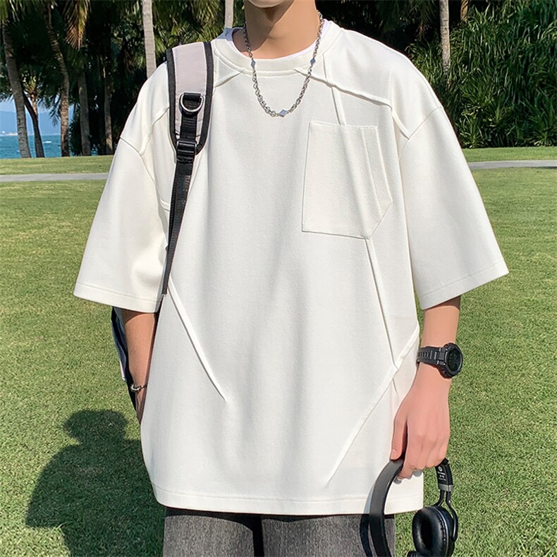 美式高街t恤男褶皱不规则设计感潮牌短袖复古潮牌重磅休闲五分袖,男装T恤,电商A022