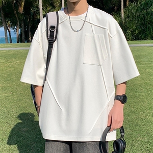 美式高街t恤男褶皱不规则设计感潮牌短袖复古潮牌重磅休闲五分袖图片