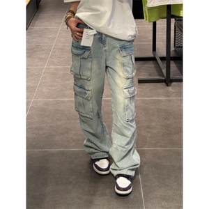 【有货】浅蓝色多口袋工装牛仔裤男款宽松美式裤子K8034CC-特P56图片