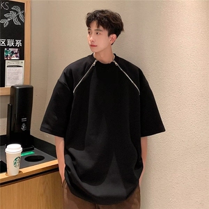 圆领短袖男款夏美式拉链拼接宽松慵懒痞帅休闲内搭打底衫上衣图片