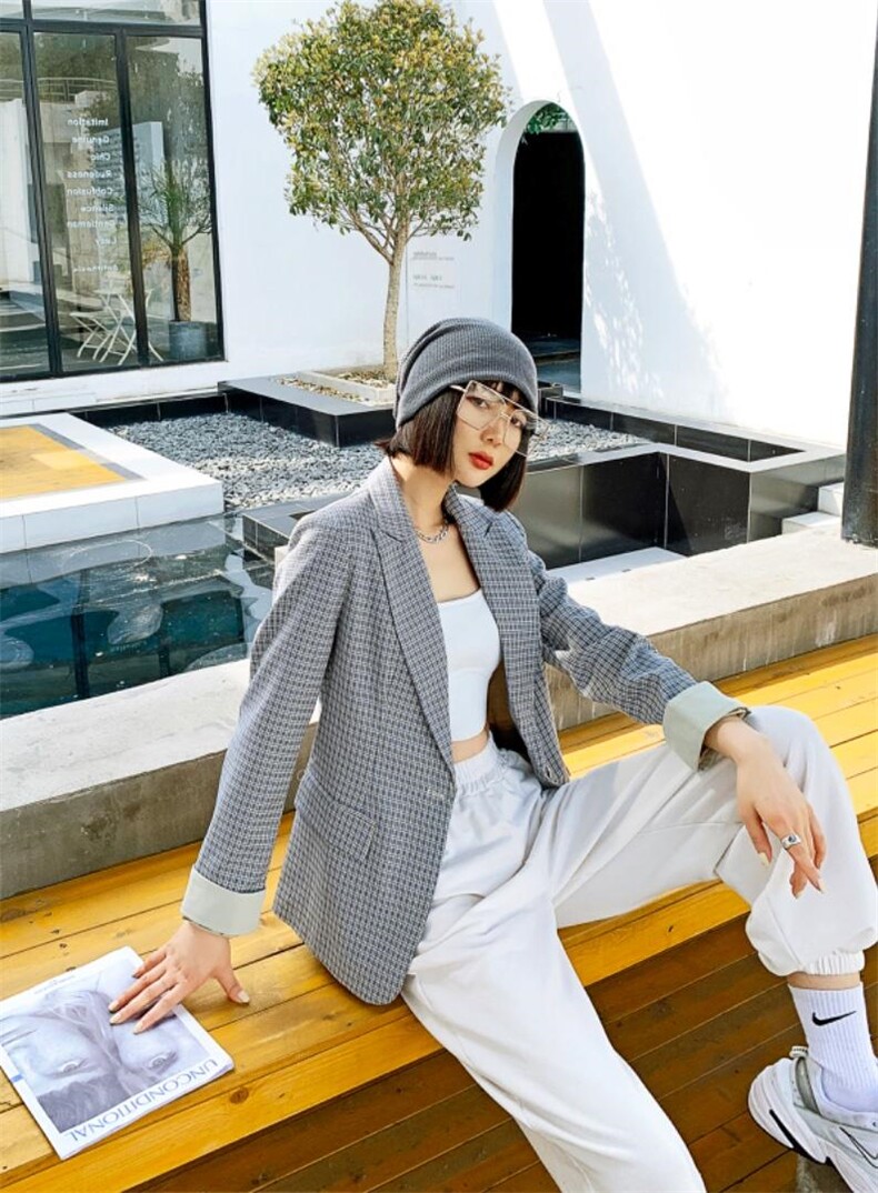 现货，春软，格子西装收腰型外套，女装西装，锦华秀逸