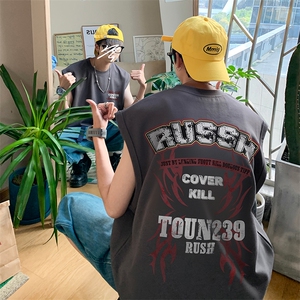 磨损字母印花无袖T恤美式情侣装夏季背心/马甲/坎肩B239-1282-P23图片