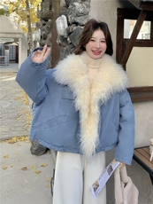 蓝色大毛领派克羽绒服女2025冬季新款设计感清新小个子加厚外套，女装羽绒服，艾米莉亚