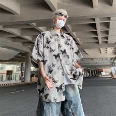 F311-P28夏季设计感蝴蝶短袖衬衣2024新款宽松翻领衬衫男现货，男装衬衫，星座512-6