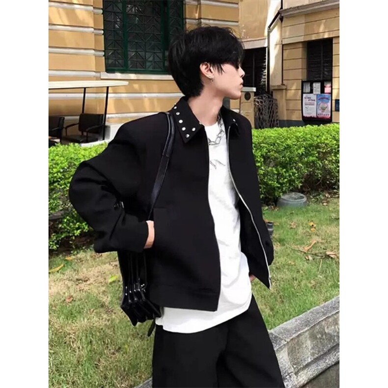 cleanfit黑色铆钉飞行夹克男秋季高级感痞帅短款垫肩休闲西服外套,男装夹克,星座506A