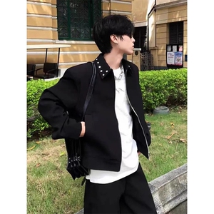 cleanfit黑色铆钉飞行夹克男秋季高级感痞帅短款垫肩休闲西服外套图片