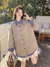 韩系格子拼接卡其色翻领衬衫外套女2026春秋新款宽松休闲工装夹克，女装短外套，艾米莉亚