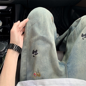 小狗刺绣牛仔裤男春秋季美式高街趣味水洗做旧阔腿高腰显瘦拖地裤图片