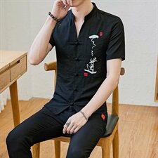 风九分裤T恤套装刺绣短袖男亚麻T恤衫加肥加大棉麻服DS66，男装T恤，星座509