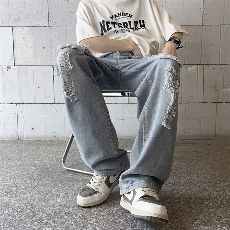 美式高街破洞牛仔裤男韩版潮流个性2023夏季ins宽松长裤RK762-P43,男装牛仔裤,星座412-3