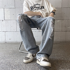 美式高街破洞牛仔裤男韩版潮流个性2023夏季ins宽松长裤RK762-P43，男装牛仔裤，星座412-3