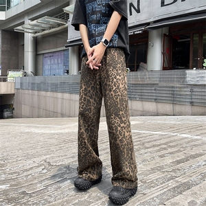 美式潮牌新款豹纹牛仔裤宽松直筒休闲裤图片