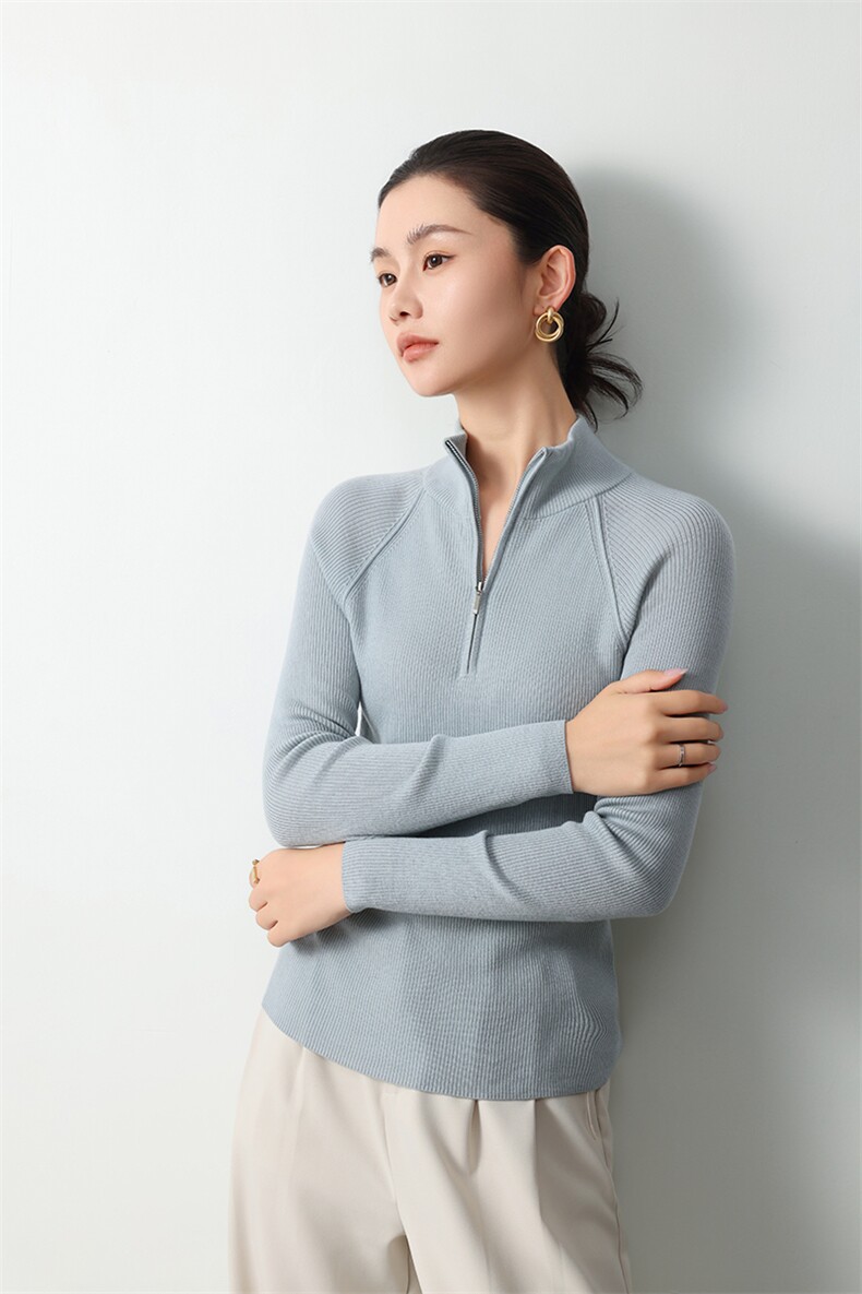简约时尚打底衫女秋冬季新款百搭半开拉链羊毛衫纯色,女装羊毛衫,多娇羊绒