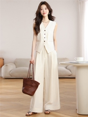 棉麻马甲阔腿裤套装女夏2026新款V领无袖收腰显瘦休闲两件套米白，女装套装/套裙，艾米