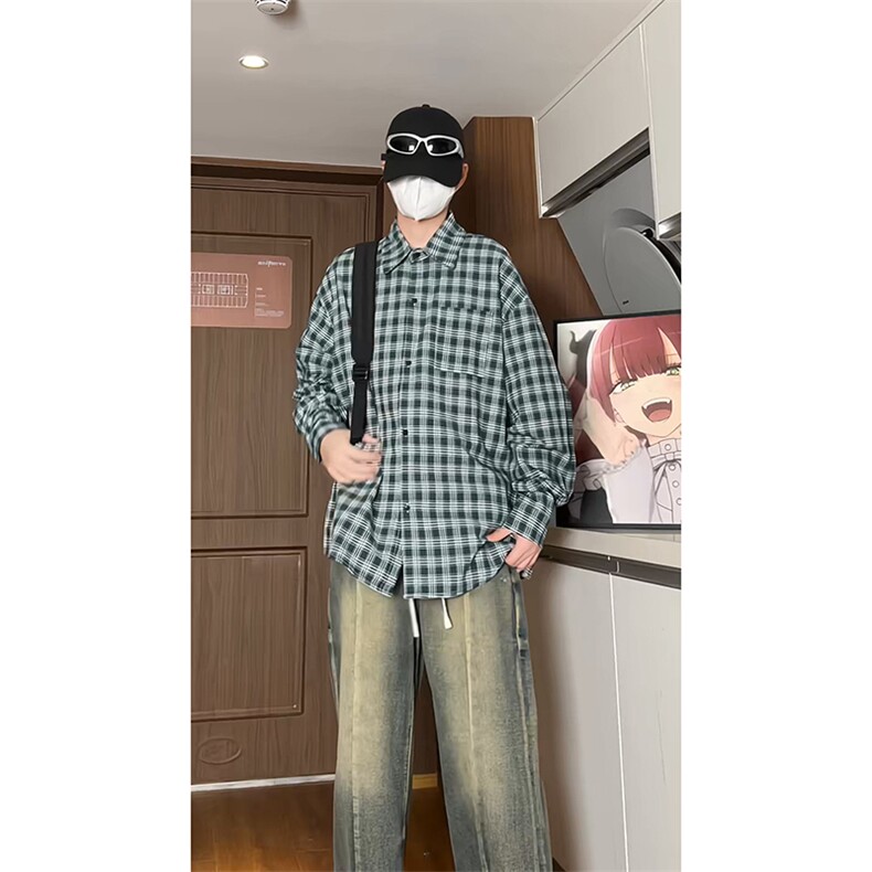 港风宽松格子衬衫男KD613-P45控68,男装衬衫,电商D312-1