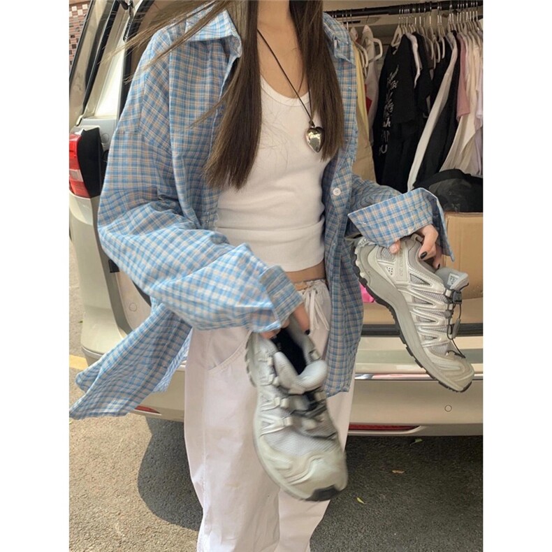 蓝格子衬衫男女复古慵懒风2025韩系宽松休闲衬衣长袖防晒上衣外套，男装防晒衣，星座1210-1