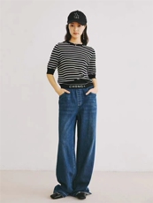 时尚减龄条纹短袖精纺仿羊毛针织衫显瘦百搭女款上衣，女装针织衫/毛衣，雪真羊绒