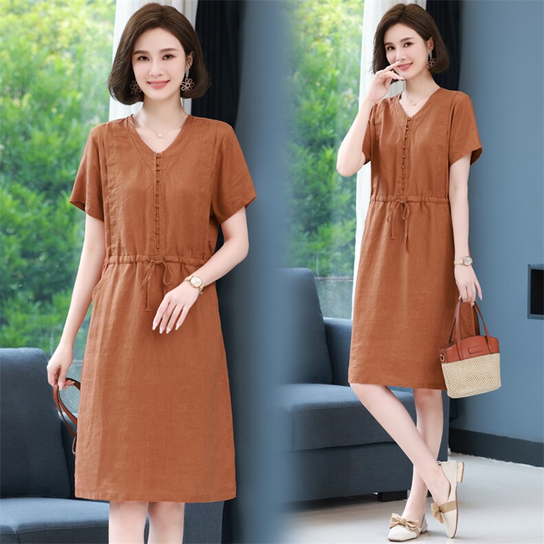 棉麻连衣裙女夏季薄款2026年新款短袖中长款中年妈妈气质收腰裙子，女装连衣裙，简韵佳