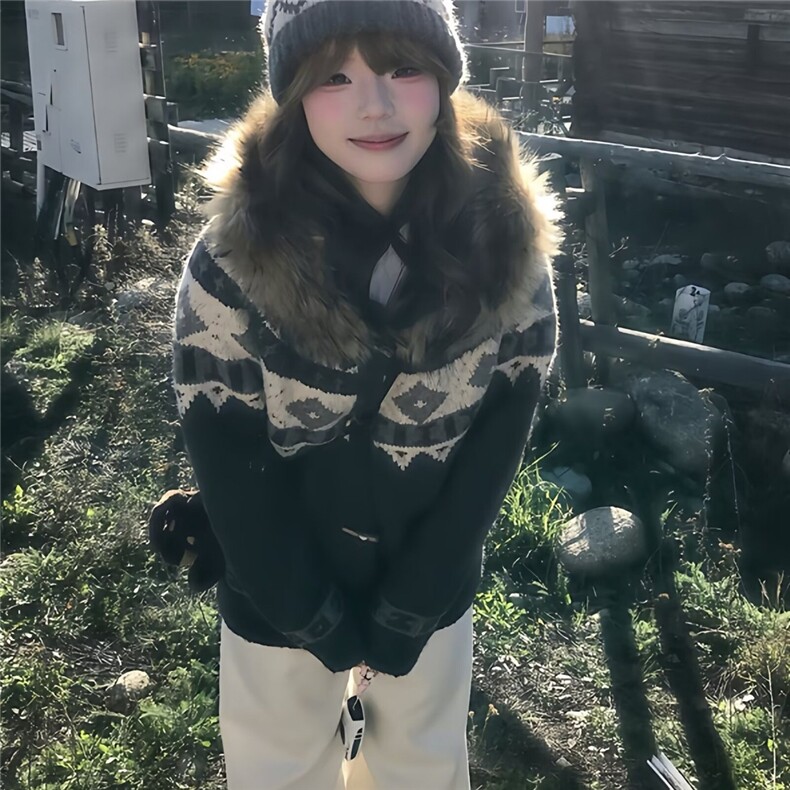 网费尔岛提花毛衣开衫女连帽牛角扣外套针织B62-P82,男装针织衫/毛衣,星座910-1