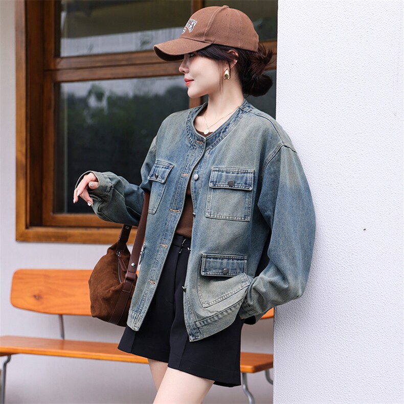 现货复古洗水多口袋牛仔外套女早秋2024新款设计感宽松显瘦上衣，女装牛仔外套，跑量工厂店