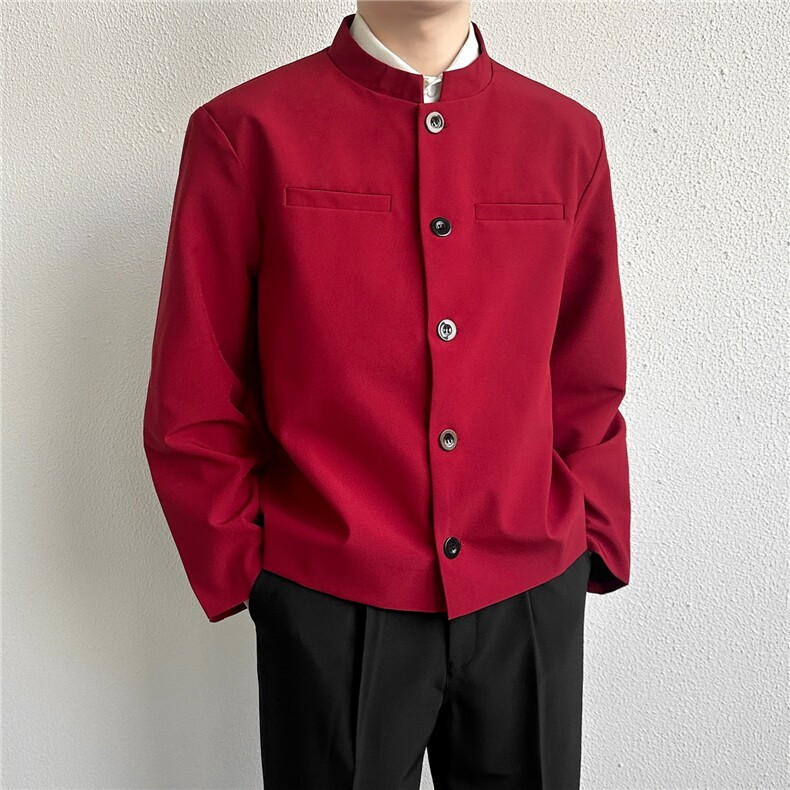 风秋男立领西装单排扣外套本命红新中式小香风西服JAK35P60,男装西服套装,星座1013-1