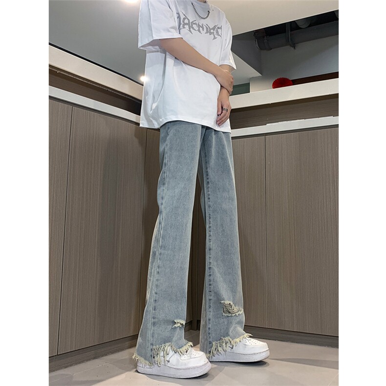 春夏黄泥美式vibe裤高街黑色破洞微喇直筒毛边牛仔裤男K890-P55,男装牛仔裤,星座205