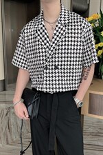 夏季潮男抖音高级感千鸟格网红短袖痞帅衬衫男CS295-P58控75，男装T恤，电商B267