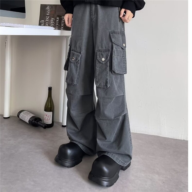 碳磨灰水洗做旧多口袋褶皱cleanfit伞兵工装裤宽松直筒长裤男女,男装工装外套,星座601-2