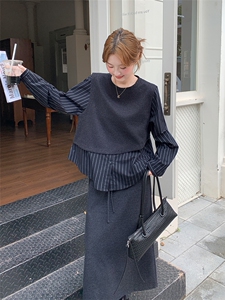 韩系慵懒气质套装裙女收腰显瘦条纹拼接上衣2025新款半身裙两件套图片