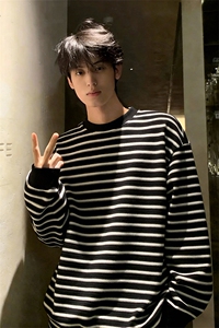 2026春季新款条纹圆领长袖T恤潮流宽松打底上衣男T5399特P35控68图片
