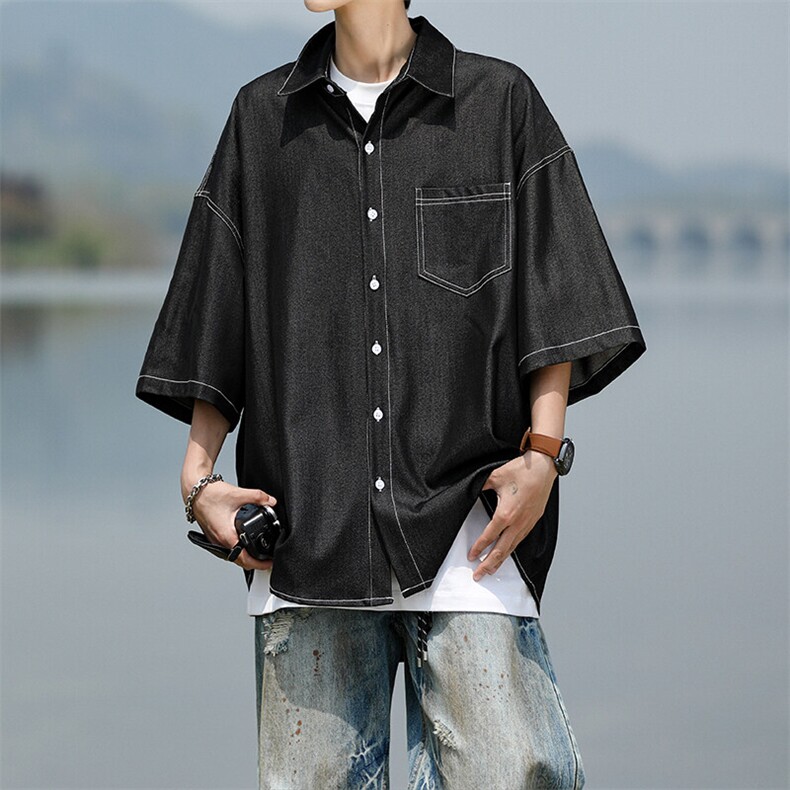 8XL-M 冰丝牛仔短袖衬衫男款夏季薄款宽松慵懒衬衣外套DC28006P60图片