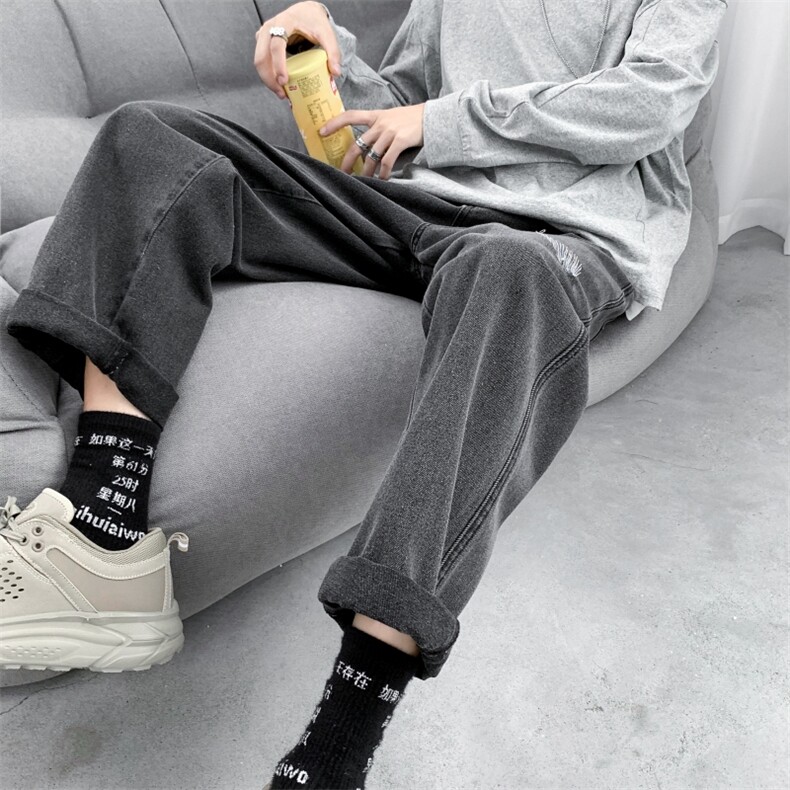 秋季新款个性刺绣百搭牛仔裤男港风宽松直筒休闲裤/，男装牛仔裤，电商D202