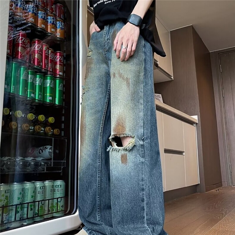 美式高街dirtyfit黄泥扎染做旧破洞牛仔裤男女复古直筒裤子~K5606,男装牛仔裤,星座601-2