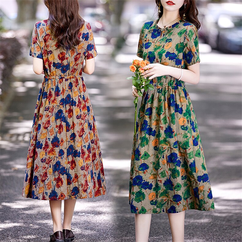 复古棉麻连衣裙女夏季2025新款收腰显瘦中年妈妈洋气减龄碎花长裙,女装连衣裙,倪叶myz