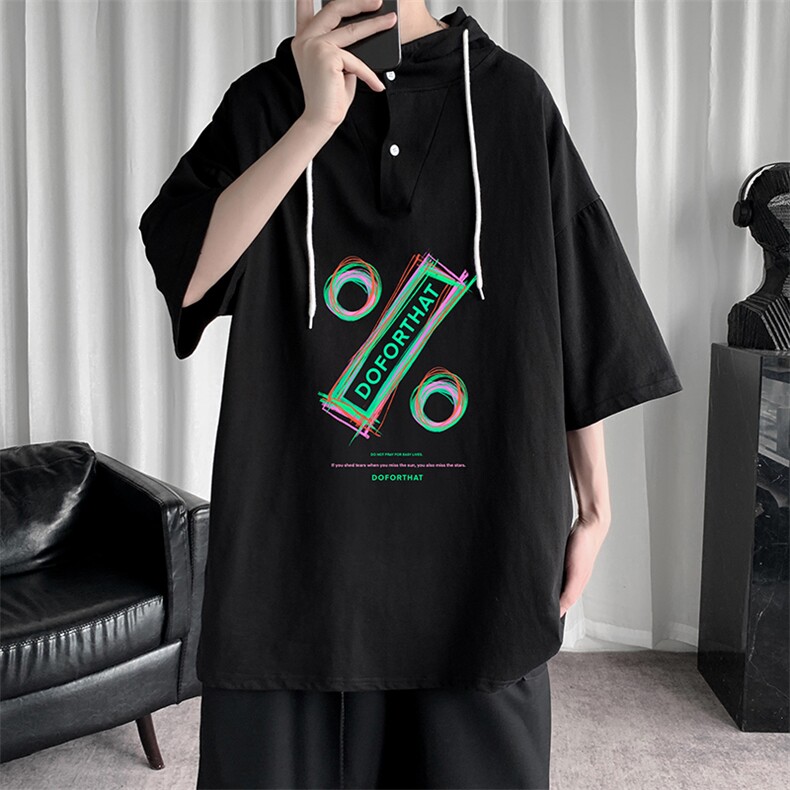 LD54171-P45 连帽短袖t恤男大码胖子带帽五分袖中袖图片