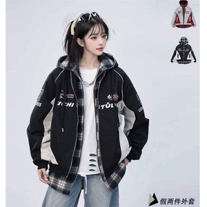 春季新款港风美式潮牌假两件字母印花连帽夹克 XZ213-JK6666-P80图片
