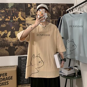 YT26149-P30 亚麻短袖t恤男大码五分袖男宽松七分袖 海报风图片