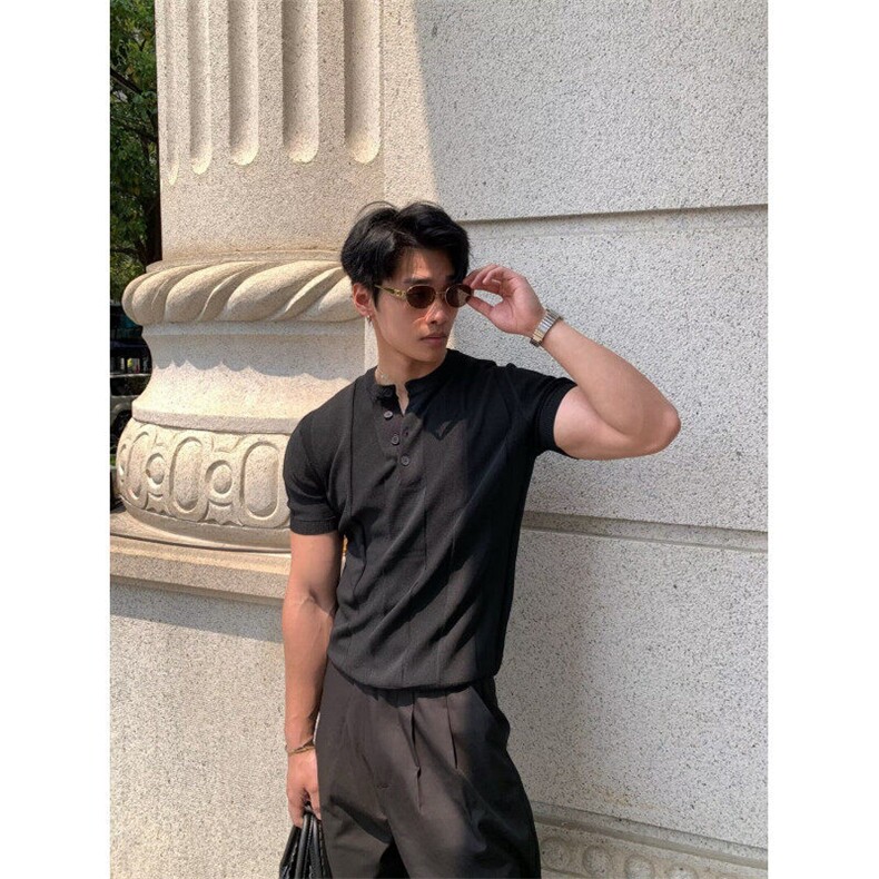 夏季新款短袖针织衫男亨利领竖条纹修身商务冰丝T恤TM816,男装T恤,星座1116A（原606A-3）