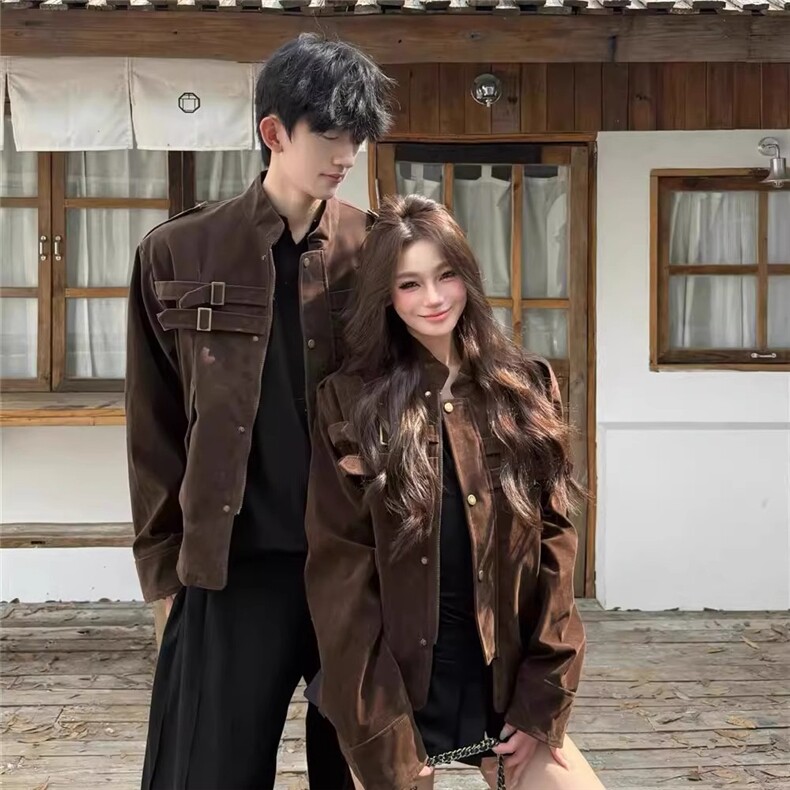 美式情侣装鹿皮绒立领夹克男女春秋高级感拼接宽松早秋棒球服外套,男装夹克,星座1210-1